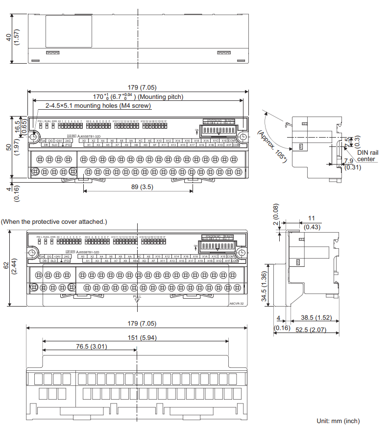 Bản vẽ kích thước mô-đun Mitsubishi AJ65SBTB1-32D - hình 1