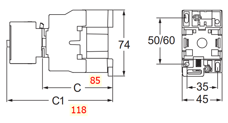 Bản vẽ kích thước sản phẩm Contactor Schneider LC1E2510M5