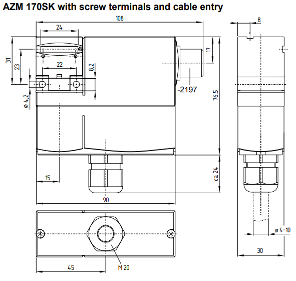 Bản vẽ kích thước khóa liên động AZM 170SK-02/01ZRKA 24VAC/DC