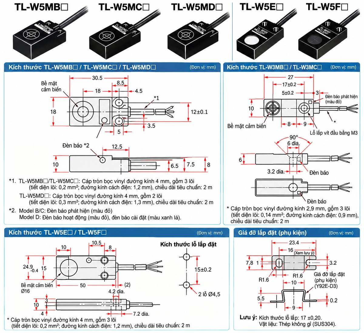 Bản vẽ kích thước cảm biến Omron TL-W5MB TL-W5MC TL-W5MD TL-W5E TL-W5F