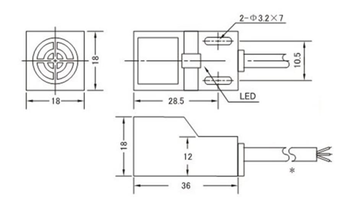Bản vẽ kích thước cảm biến tiệm cận SN04-N với thân vuông và hai lỗ bắt vít
