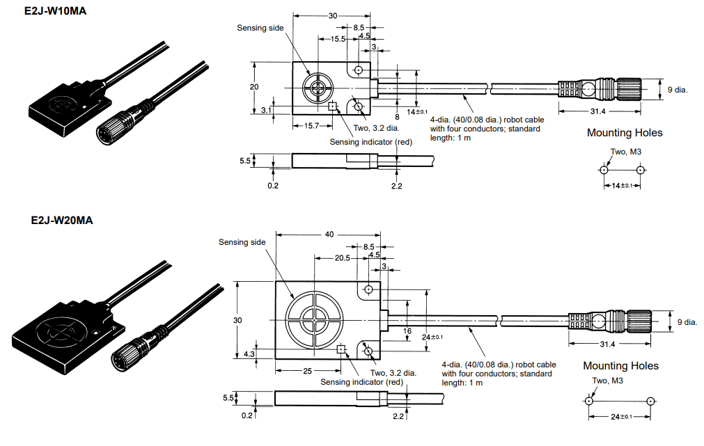 Kích thước đầu cảm biến dòng E2J