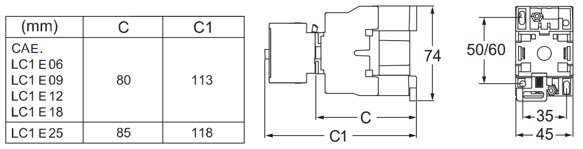 Bản vẽ kích thước contactor Schneider LC1E1201M6 mặt trước