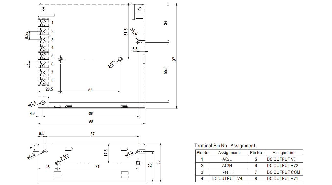 Kích thước nguồn Meanwell RQ-50D