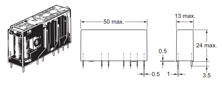 Bản vẽ kích thước rơ le an toàn Omron G7SA-5A1B dài tối đa 50mm, rộng 13mm, cao 24mm