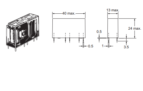 Bản vẽ kích thước tổng thể và khoảng cách chân PCB của rơ le an toàn Omron G7SA-2A2B