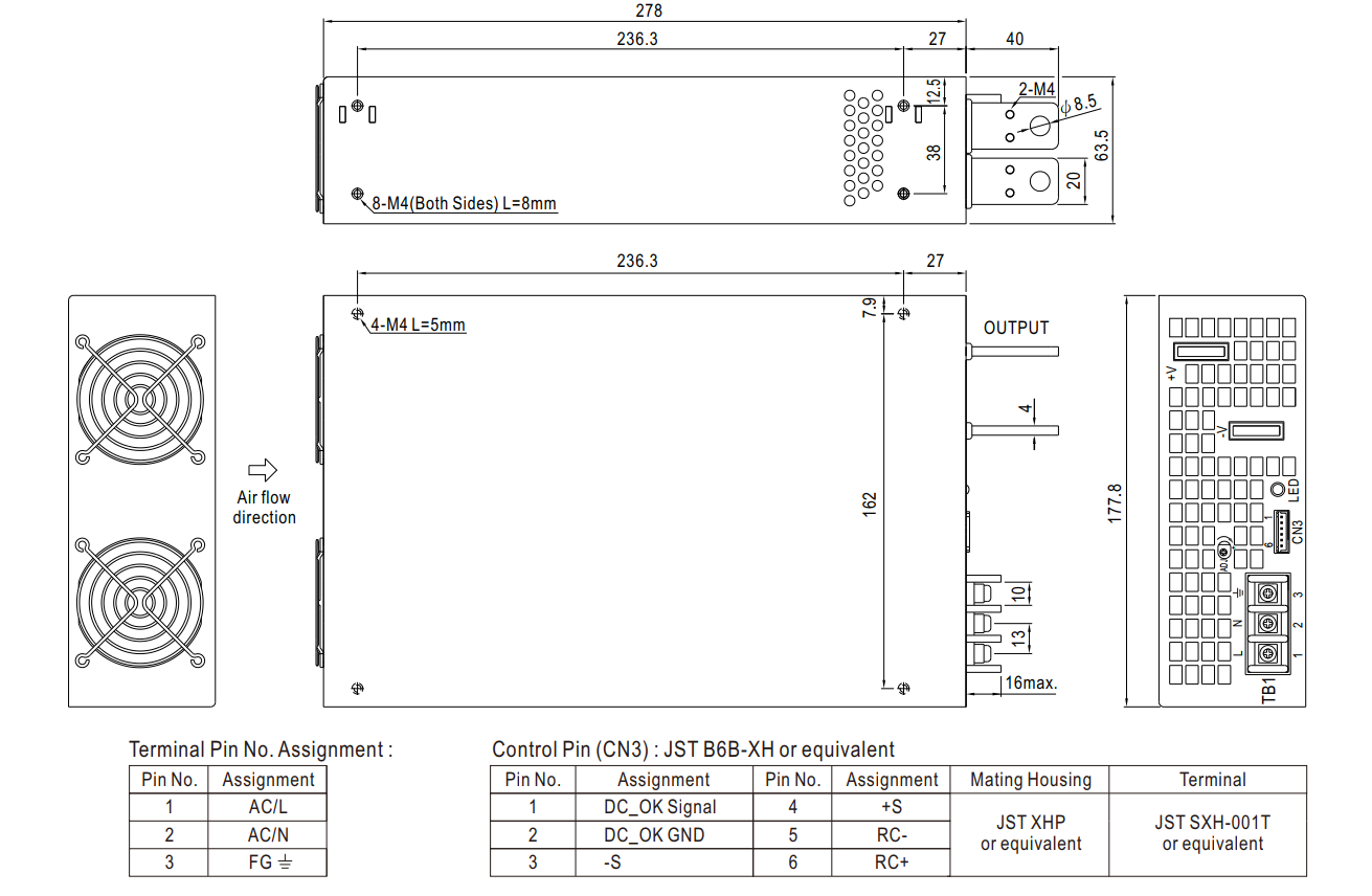 Bản vẽ kích thước và sơ đồ đấu nối sản phẩm Meanwell SE-1500-24