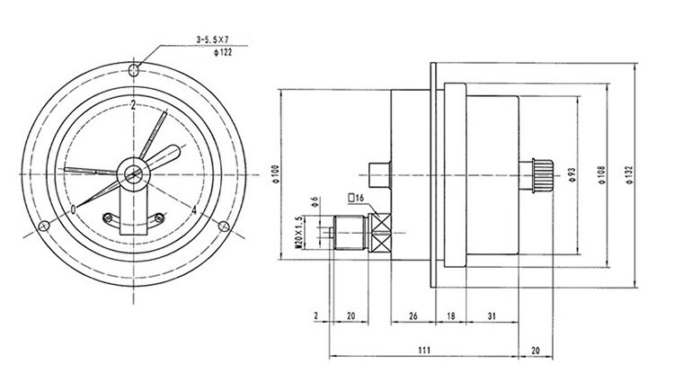 Bản vẽ kích thước đồng hồ áp suất YNXC100ZT 40MPa mặt 100mm