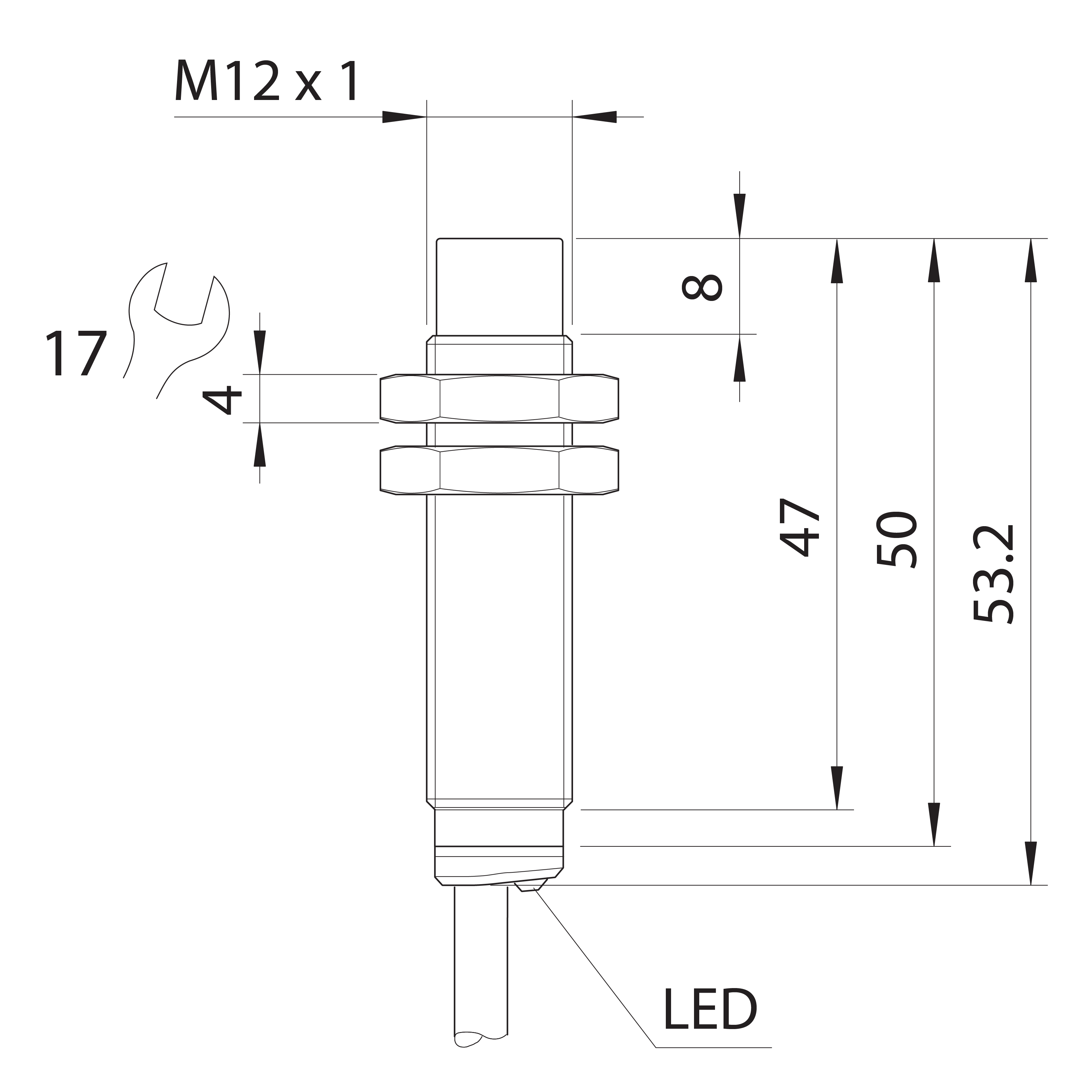 Bản vẽ kích thước cảm biến tiệm cận phi 18 Pepperl Fuchs - hình 1