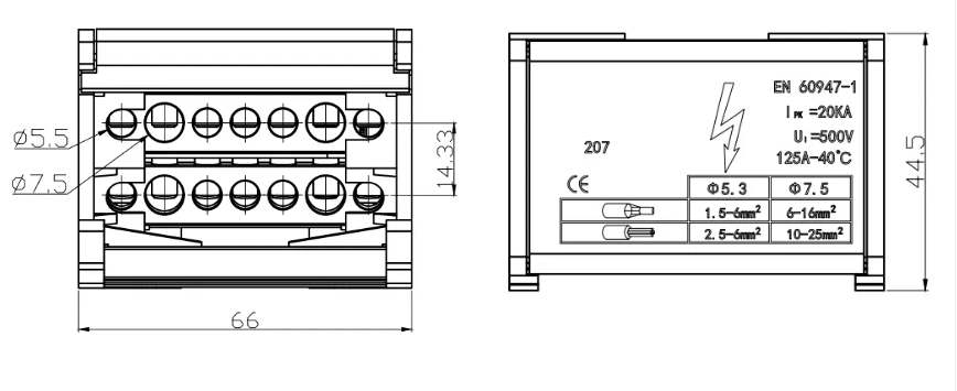Kích thước cầu đấu phân phối điện JH8207 207