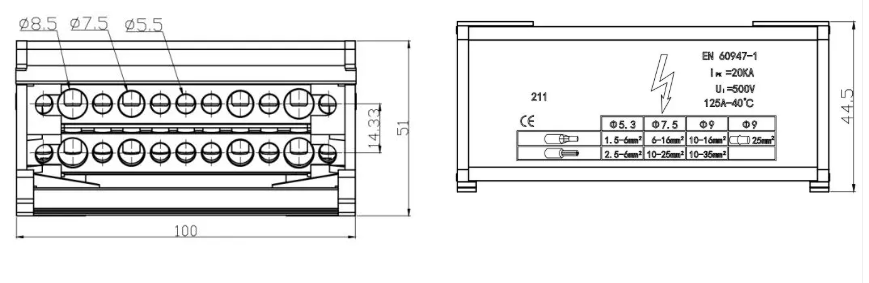 Bản vẽ kích thước cầu đấu phân phối điện JH8211 Model 211