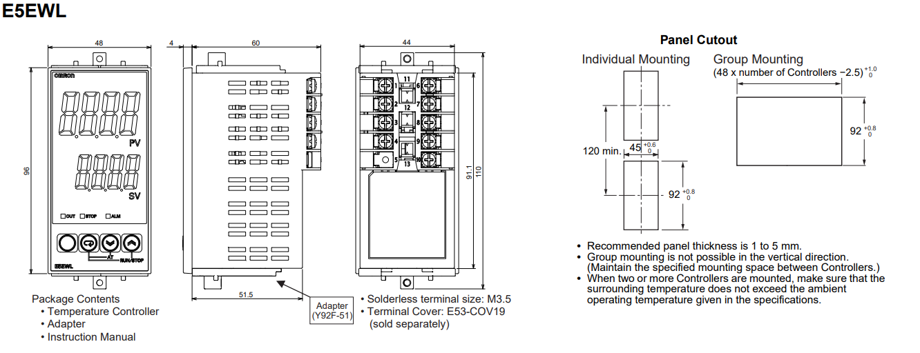 Bản vẽ kích thước bộ điều khiển nhiệt độ Omron E5EWL-Q1TC - hình 1