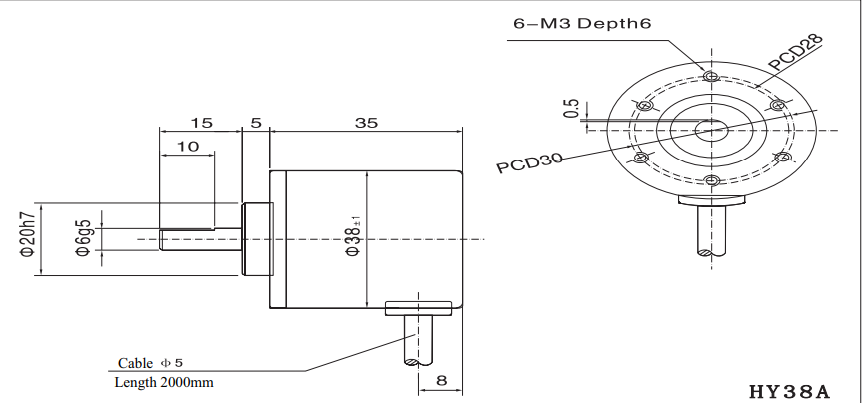Bản vẽ kích thước encoder Toky HY38A trục đặc - hình 1