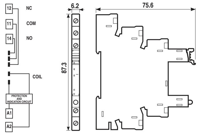 Bản vẽ kích thước đế relay Finder 93.01.7.024 lắp DIN rail 35 mm