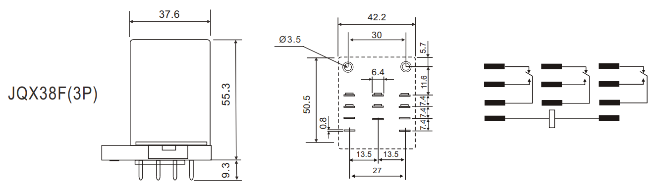 Bản vẽ kích thước rơ le JQX38 2PDT 40A