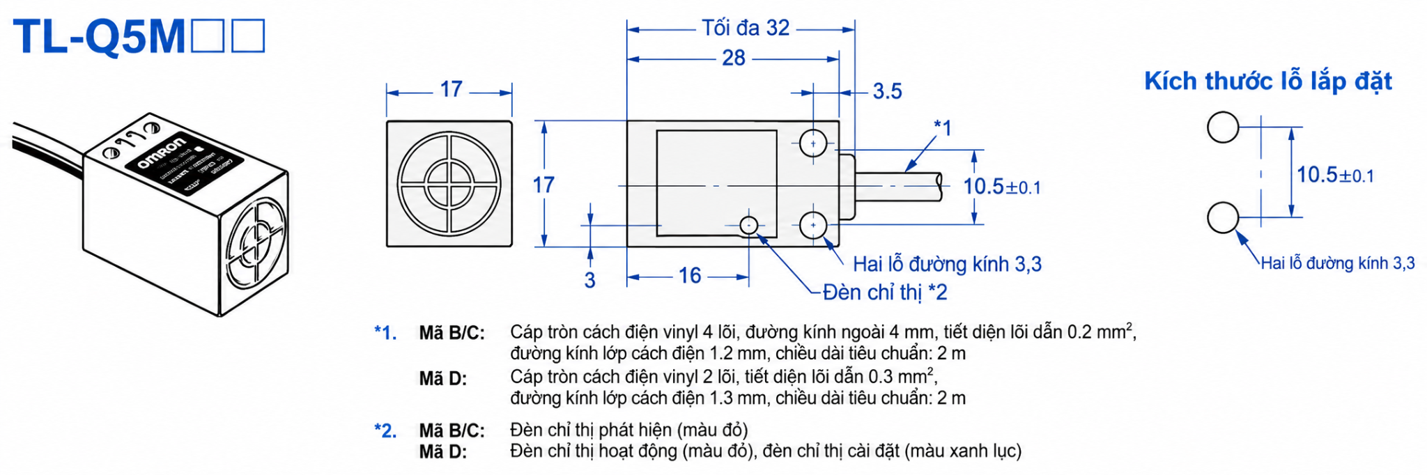 Bản vẽ kích thước cảm biến tiệm cận Omron TL-Q5 và vị trí lỗ lắp đặt