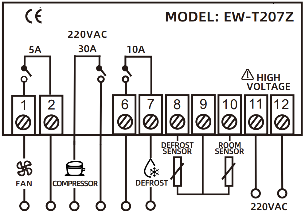 Sơ đồ đấu nối EW-T207Z máy nén quạt xả đá cảm biến NTC