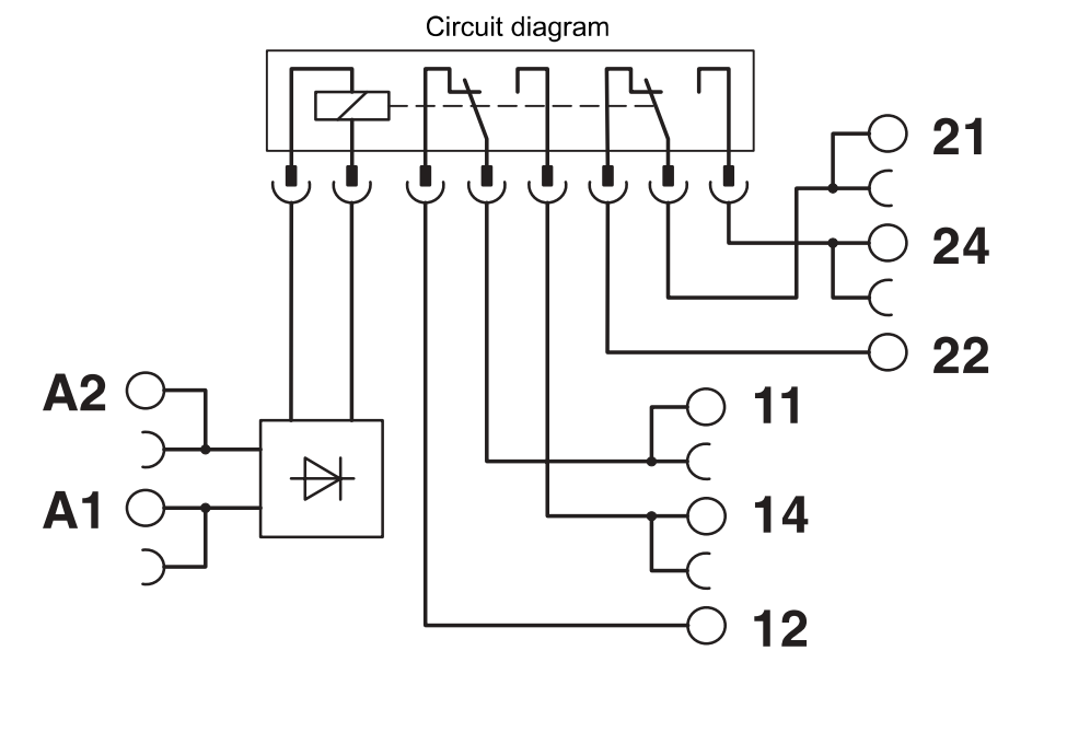Sơ đồ đấu nối module relay PLC-RSC-24DC/21-21 với các chân A1, A2, 11, 12, 14, 21, 22 và 24