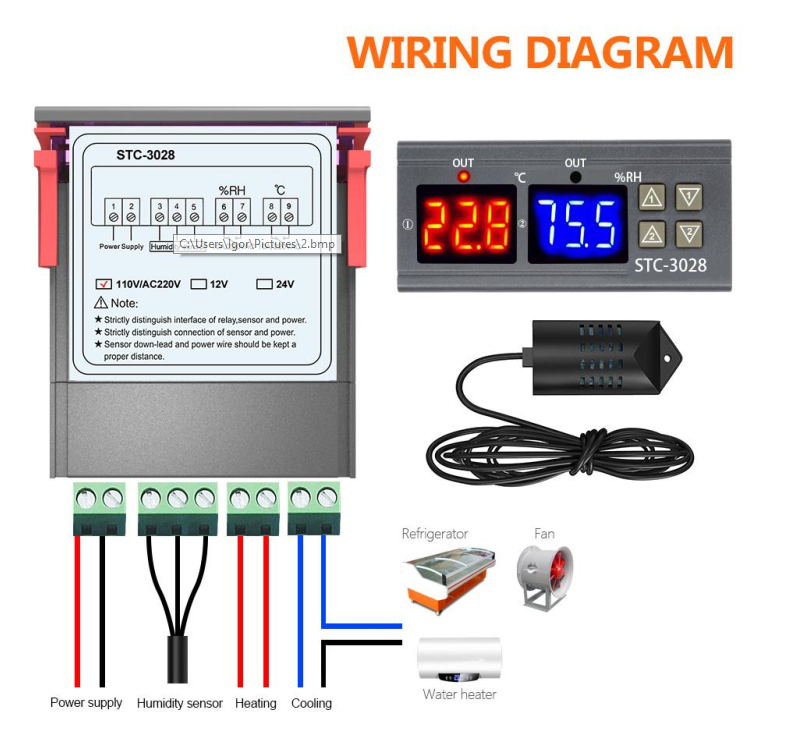 Sơ đồ đấu nối bộ điều khiển nhiệt độ độ ẩm STC-3028 220V