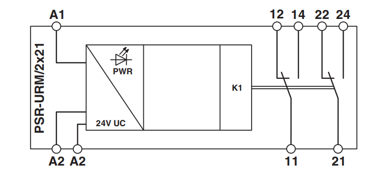 Sơ đồ đấu nối relay an toàn Phoenix Contact PSR-SCF-24UC/URM/2X21 với các chân A1 A2 11 12 14 21 22 24