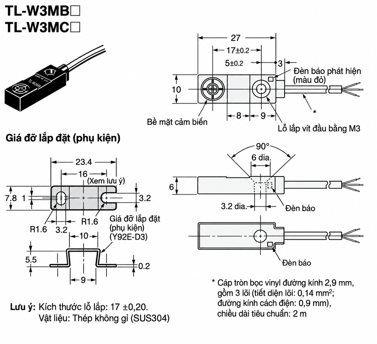 Bản vẽ kích thước và giá đỡ lắp đặt cảm biến tiệm cận Omron TL-W3MB1