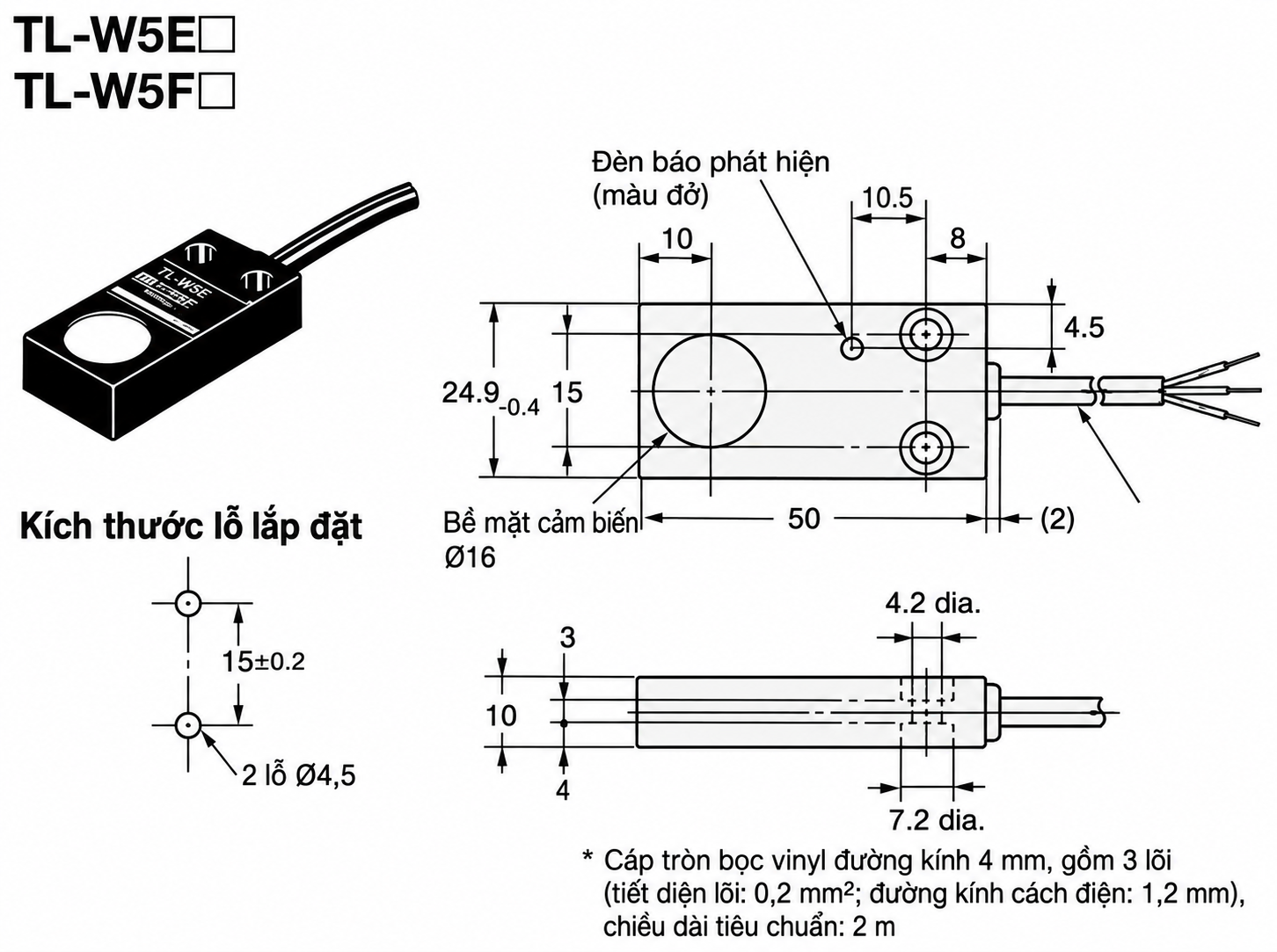 Kích thước lắp đặt Omron TL-W5E2 Bản vẽ kích thước lắp đặt cảm biến Omron TL-W5E2