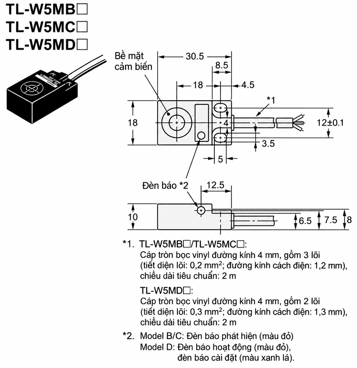 Bản vẽ kích thước cảm biến tiệm cận Omron TL-W5MC2