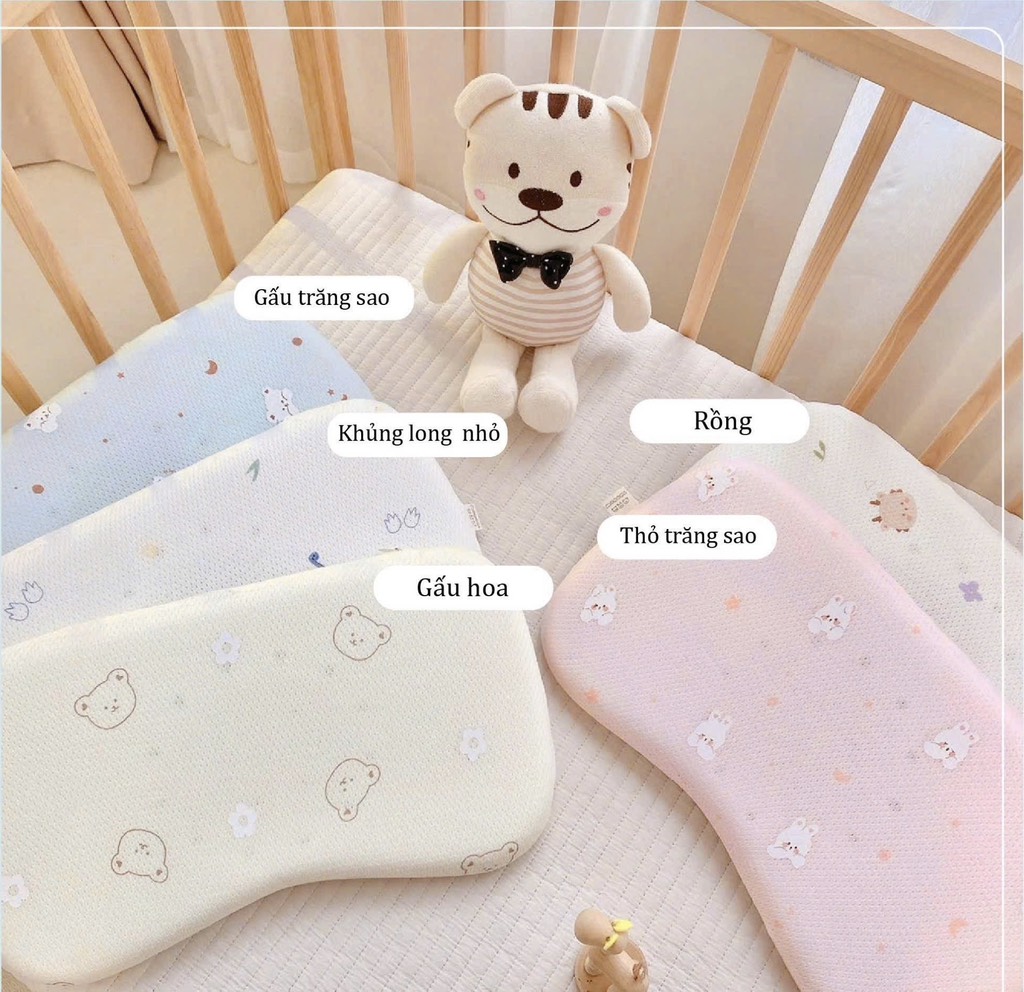 Gối cao su lõm đầu sơ sinh Monona vải thở
