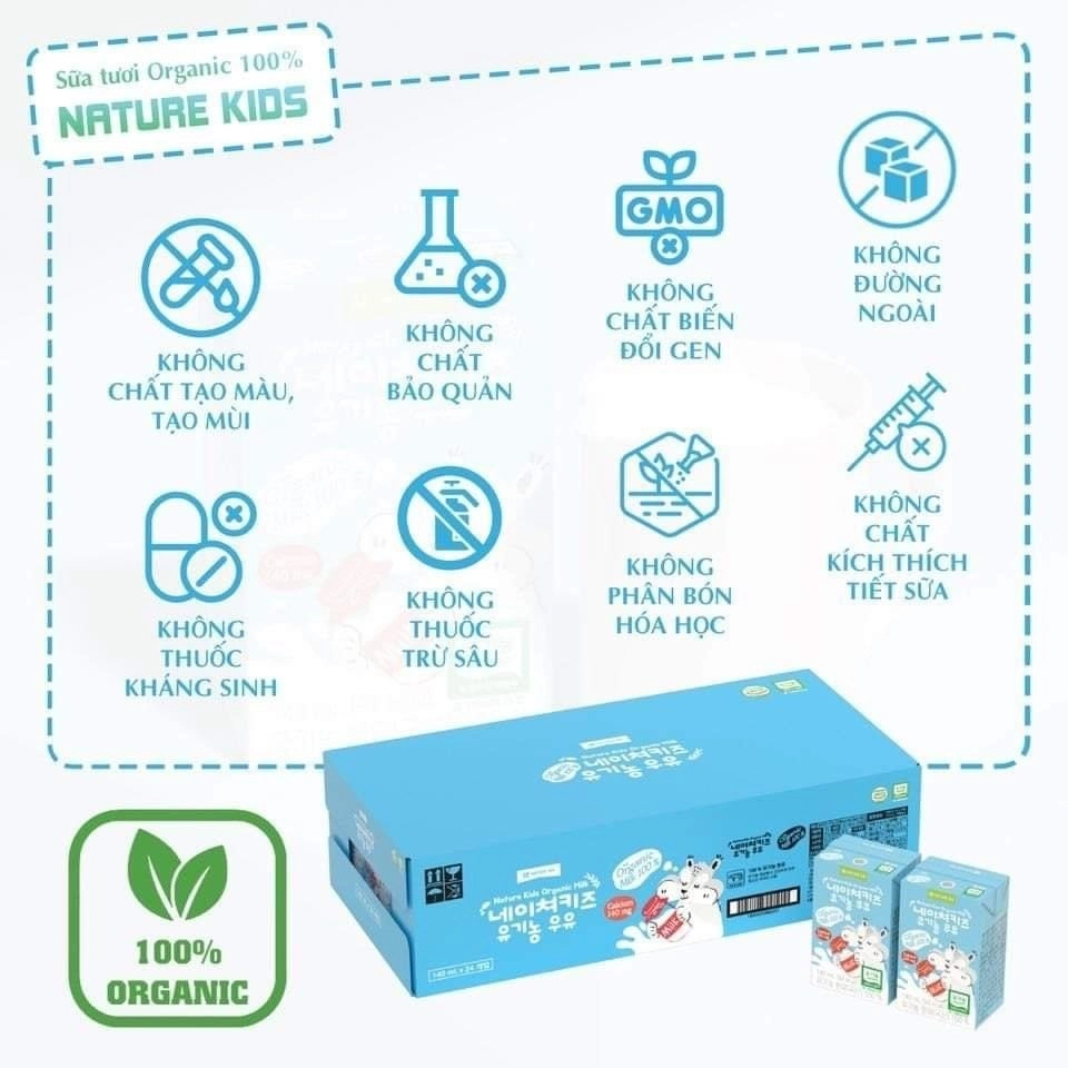 Thùng 24h sữa tươi Nature Kids Organic Nature Me 140ml vị nguyên kem