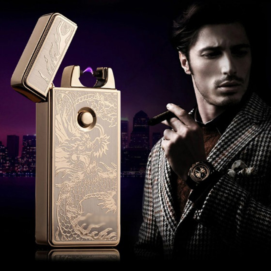 Hộp Quẹt Bật Lửa Tia Điện Plasma Sạc Cổng USB ZB-308B Khắc Hình Rồng - Màu Bạc