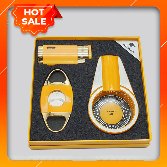 Bộ Set Phụ Kiện 3 Món Bật LửaKhò Gas Mạnh Mẽ, Dao Cắt, Gạt Tàn Xì Ga HB-360 Cao Cấp- Nhiêu Màu