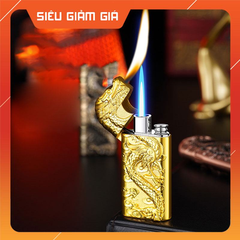Hột Quẹt Bật Lửa Gas Đá BK-909 Hình Rồng Nổi 2 Chế Độ Lửa -Nhiều Màu