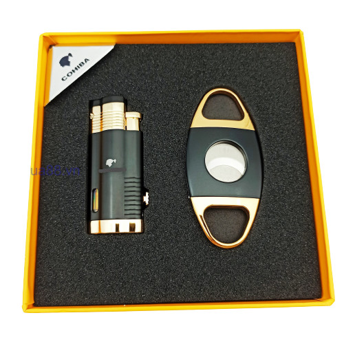 Bộ sét 2 món Cohiba COB-360 gồm Bật Lửa Khò bộ 3 tia kèm đục + Dao cắt các mầu dùng gas cao cấp