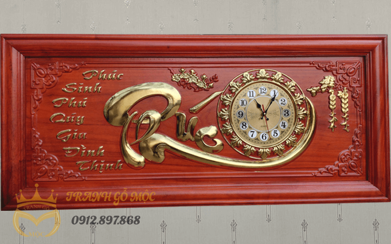 Tranh Đồng Hồ Gỗ Hương Thếp Vàng Chữ Phúc 108cm x 48cm - TGM2001-1