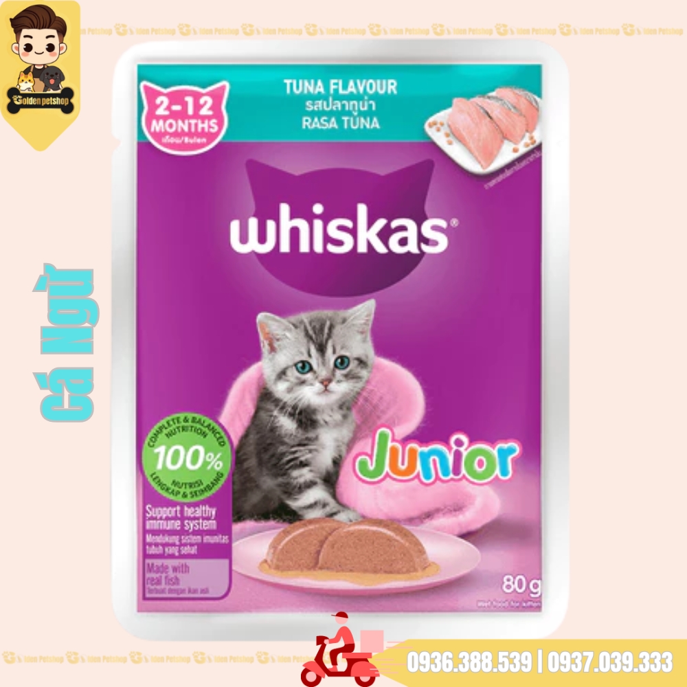 Pate cho mèo Con Whiskas Junior 2 đến 12 tháng tuổi - gói 80g