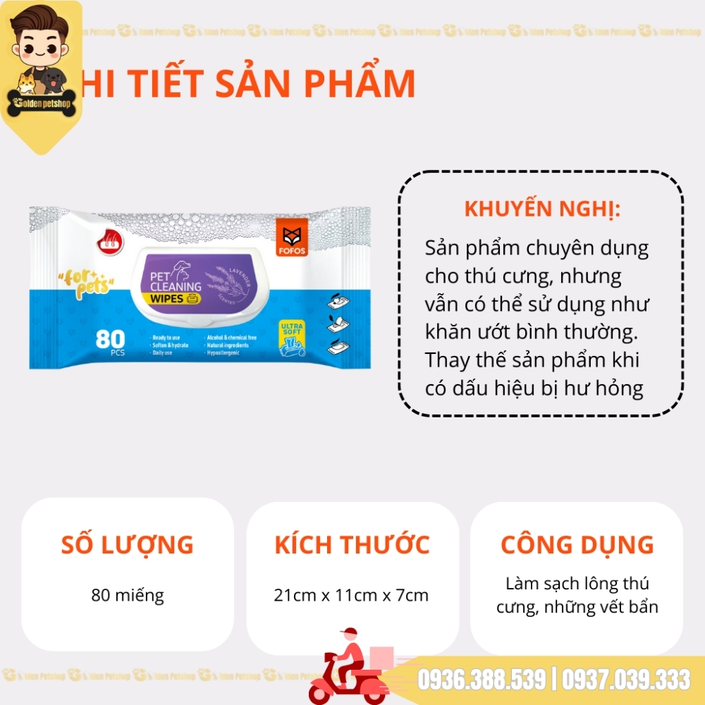 Khăn ướt kháng khuẩn cho thú cưng FOFOS - gói 80 miếng