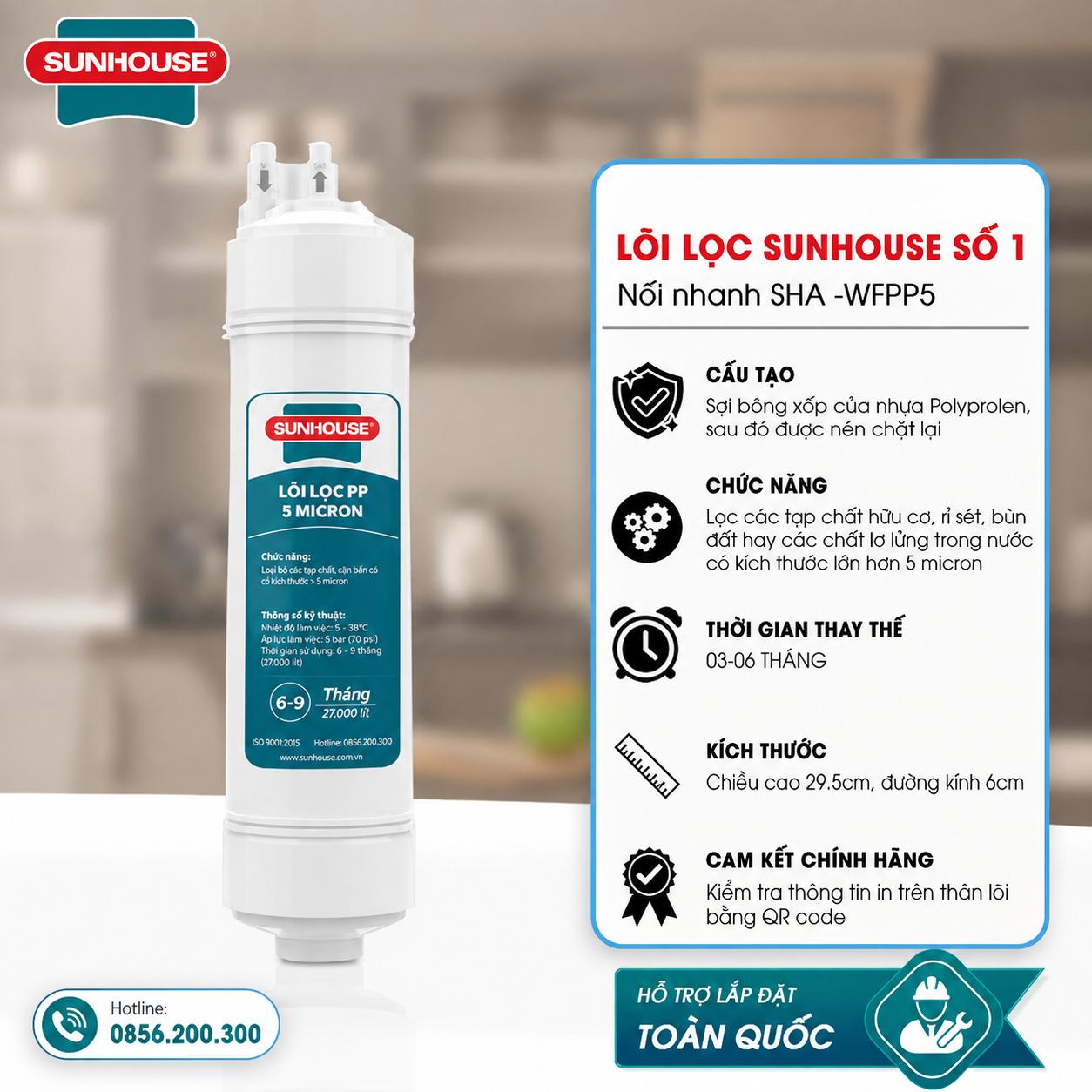Lõi lọc đúc số 1 PP 5 Micron nối nhanh Sunhouse