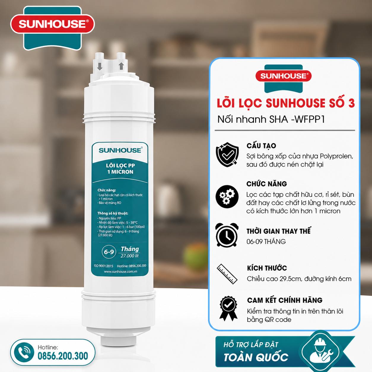 Lõi lọc đúc số 3 PP 1 Micron nối nhanh Sunhouse