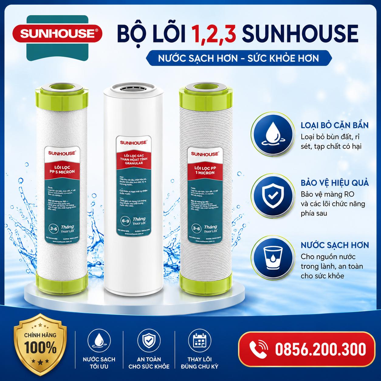 Bộ lõi lọc thô 1 2 3 máy lọc nước Sunhouse chính hãng