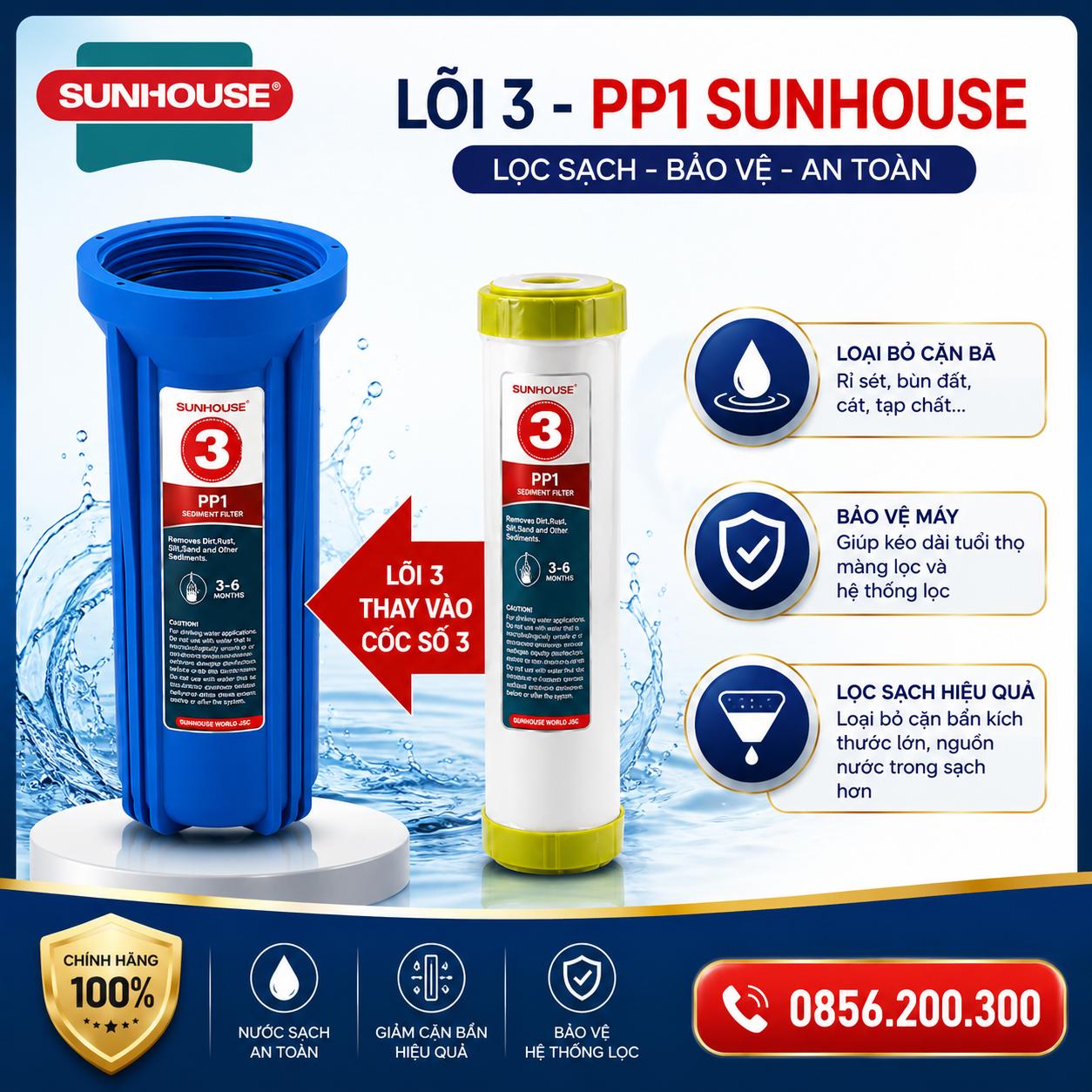 Lõi số 3 PP 1 micron máy lọc nước Sunhouse