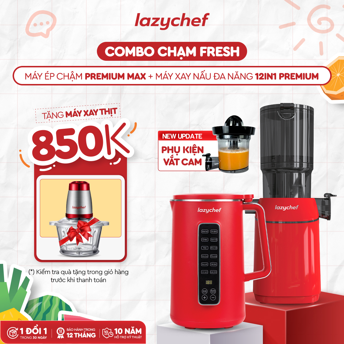 COMBO CHẠM FRESH: MÁY ÉP CHẬM NGUYÊN QUẢ 3S PREMIUM MAX + MÁY XAY NẤU ĐA NĂNG 12IN1 PREMIUM MAX
