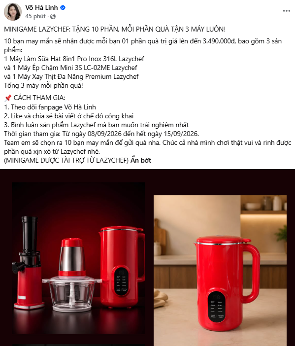 [TIN NỔI BẬT] LAZYCHEF BẮT TAY CÙNG VÕ HÀ LINH TẶNG 10 COMBO GIA DỤNG CAO CẤP TỔNG TRỊ GIÁ TỚI 35 TRIỆU ĐỒNG