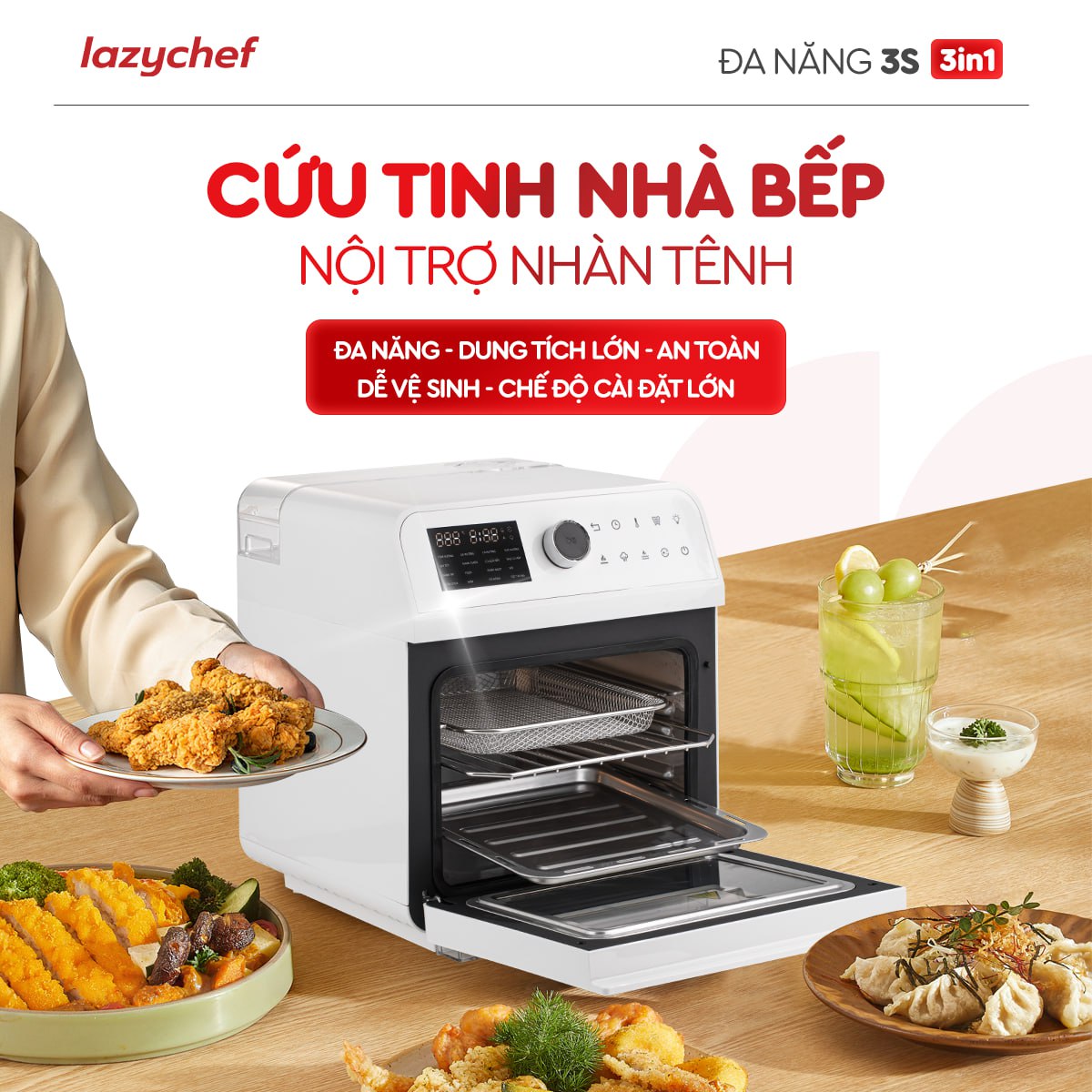 [ SẢN PHẨM MỚI ] NỒI CHIÊN HƠI NƯỚC ĐA NĂNG 3S LAZYCHEF LC-01CH DUNG TÍCH 16L: 3IN1 CHIÊN - HẤP - NƯỚNG