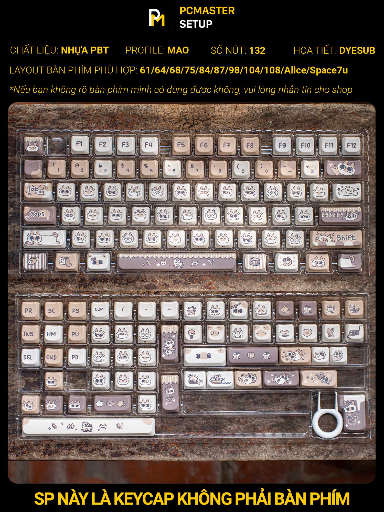 Keycap MAO Mèo Nâu dễ thương ( nhựa PBT/ Dyesub/ profile MAO )