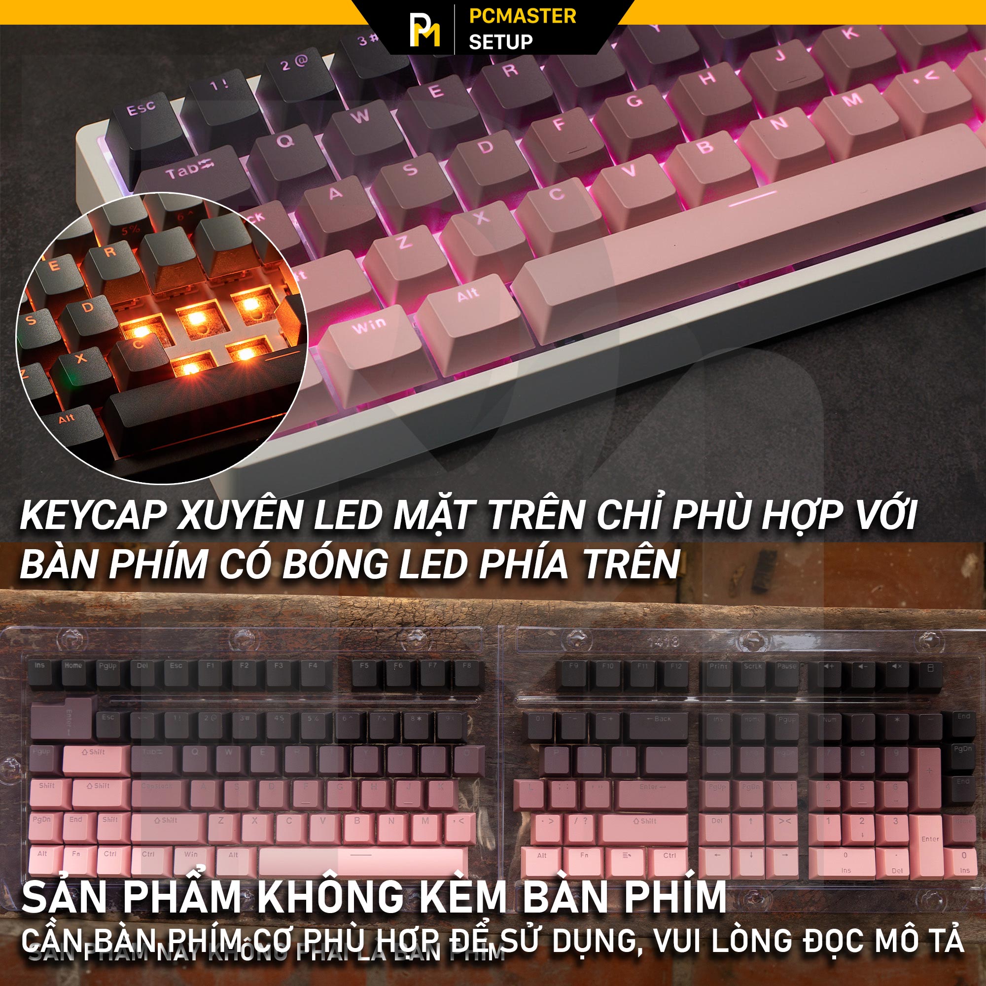 Keycaps xuyên led TOP PRINT - Black Pink ( OEM/ PBT/ Doubleshot )