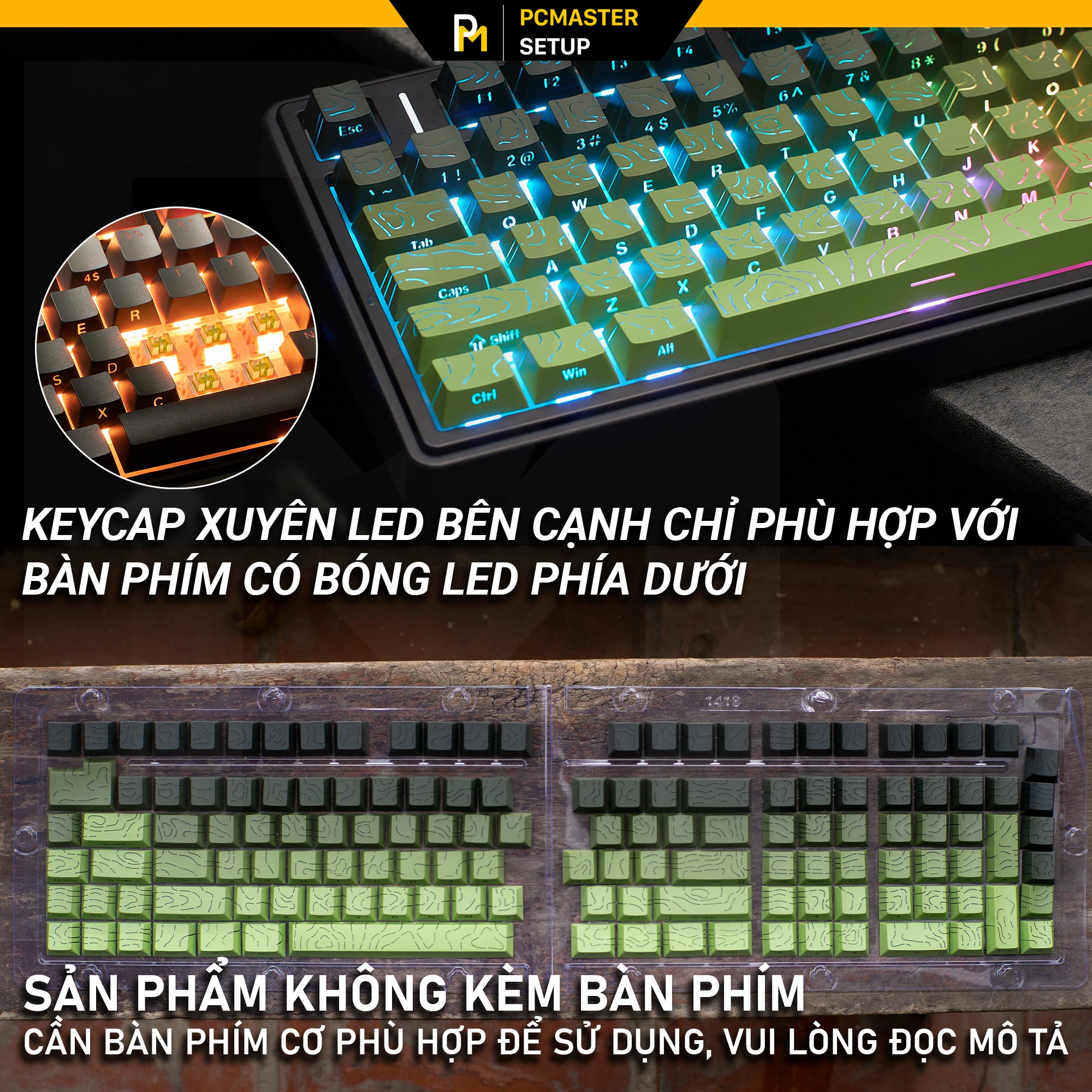 Keycap xuyên led vân topographic 4.0 - Black Green ( PBT/ Doubleshot / Cherry Profile )