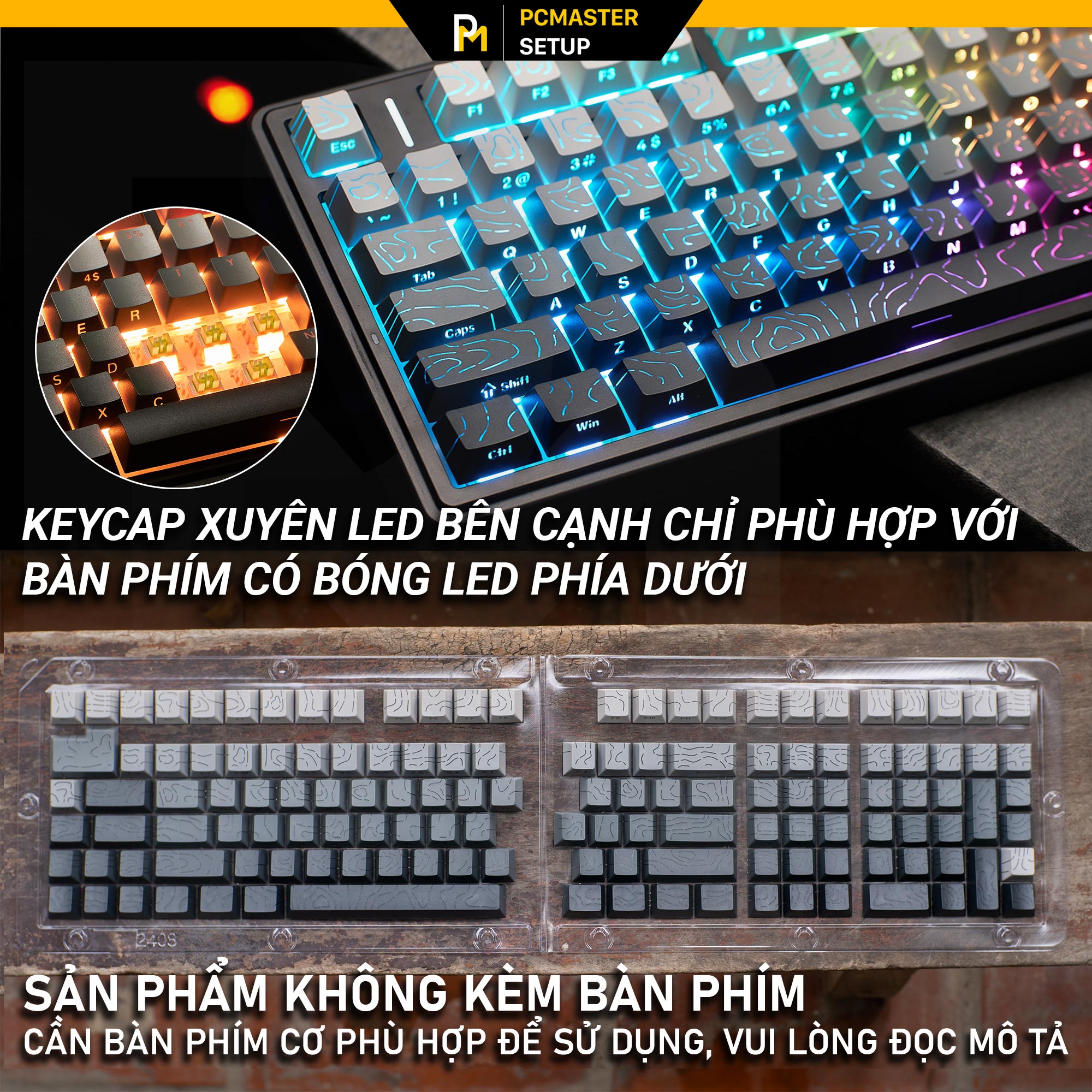 Keycaps xuyên led vân Topographic 4.0 - Smoke Gray ( PBT/ Doubleshot / Cherry Profile )