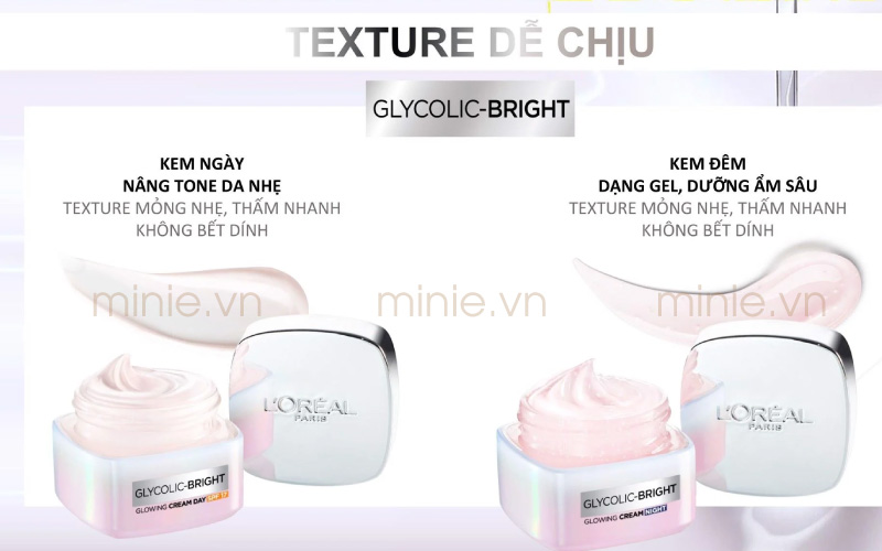 Kem dưỡng ban ngày hỗ trợ mờ thâm nám l'oreal glycolic bright glowing cream day.