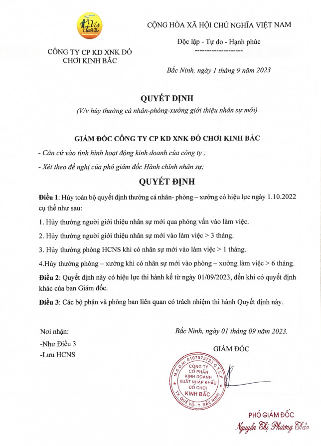 Quyết định hủy thưởng cá nhân-phòng-xưởng giới thiệu nhân sự mới