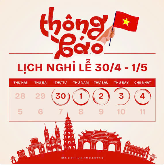 THÔNG BÁO LỊCH NGHỈ LỄ 30/4 - 1/5